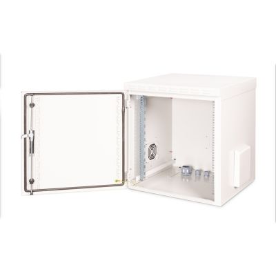 15. Digitus 19" 12U 600x600 Wand-Netzwerkschrank, Volltür, grau, ungeteilt, montiert, IP55, 100 kg
