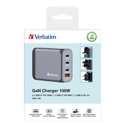7. Verbatim GaN GNC-100 4-Port 100W/USB A/C Netzteil (EU/UK/US)