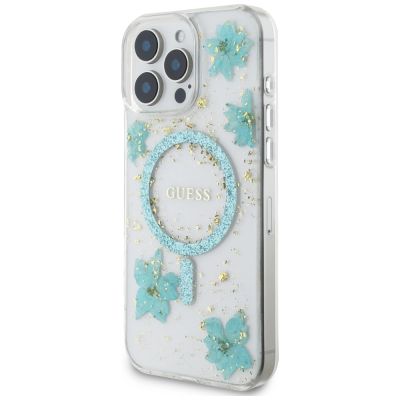 2. Guess Resin Flowers Glitter MagSafe iPhone 16 Pro Hülle - Transparent Grün