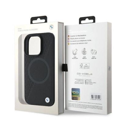 8. BMW Signature Leather Half Textured & Circle MagSafe Hülle für iPhone 16 Pro – Schwarz