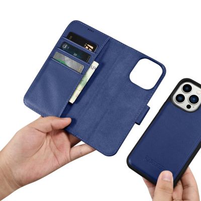 13. iCarer Wallet Case 2in1 Cover iPhone 14 Pro Max Leder Flip Case Anti-RFID blau (WMI14220728-BU)
