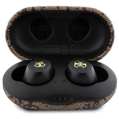 4. TWS Guess 4G Metall-Bluetooth-Kopfhörer mit ENC-Dockingstation – Braun
