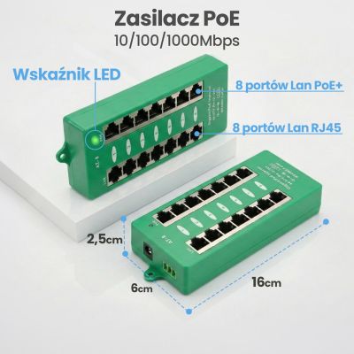 21. Extralink Gigabit PoE Injector 8 Port Active, 8 Gigabit 802.3at/af Ports, Modus A