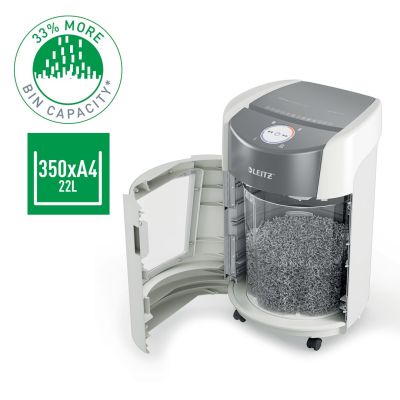 3. Leitz IQ OptiMax Small Office 350 Aktenvernichter, 22 l, P5, 8 Blatt, automatischer Start/Stopp, Rücklauffunktion, drehbarer Auffangbehälter – 33 % höhere Aktenkapazität