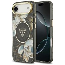 Guess IML Glitter Flowers Triangle MagSafe Hülle für iPhone Air - Schwarz