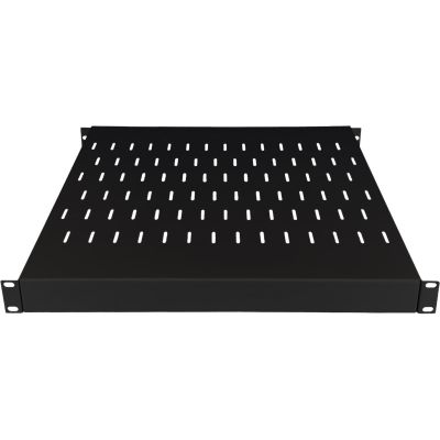 Verstellbarer 19"-Fachboden 1U, Tiefe 500–900 mm, schwarz, 4-Punkt-Befestigung ALANTEC