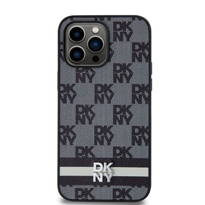 3. DKNY Lederhülle mit kariertem Monomuster und bedruckten Streifen für iPhone 14 Pro Max – Schwarz