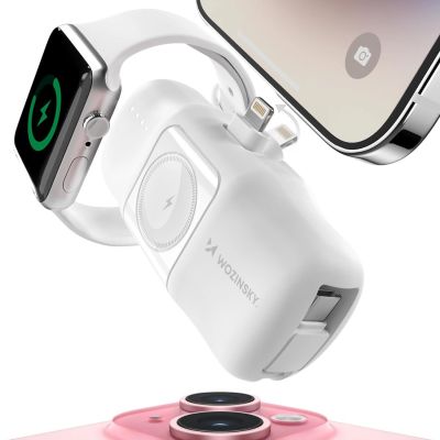 6. Wozinsky WF16-YLS 5000 mAh 15 W Lightning Mini-Powerbank mit integriertem USB-C-Kabel und Apple Watch Ladegerät – Weiß