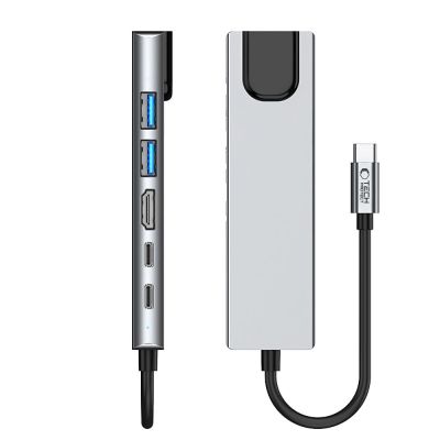 6. Tech-Protect HB02 HUB Adapter 6in1 USB-C + USB2.0 + USB3.0 + HDMI 4K 30Hz + RJ45 + PD100W - grau