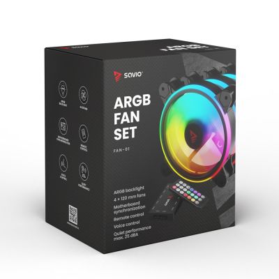 3. SAVIO SET MIT 4 ARGB-LÜFTERN 120 MM MIT STEUERUNG UND FERNBEDIENUNG FAN-01