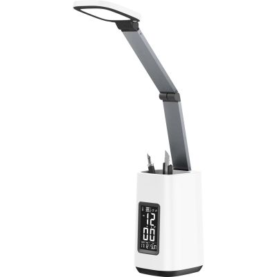 Moderne LED-Schreibtischleuchte Activejet TECHNIC weiß mit LED-Anzeige (Datum, Uhrzeit, Wecker), faltbar