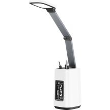 Moderne LED-Schreibtischleuchte Activejet TECHNIC weiß mit LED-Anzeige (Datum, Uhrzeit, Wecker), faltbar