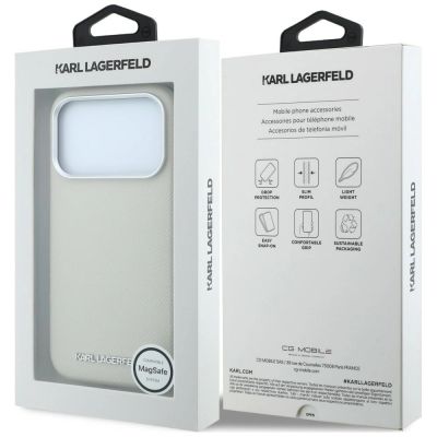 8. Karl Lagerfeld MagSafe-Hülle mit genarbtem, länglichem Logo für iPhone 17 Pro Max / 18 Pro Max – Beige