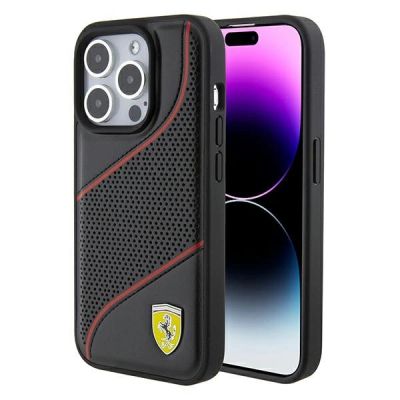 Ferrari Perforated Waves Metal Logo Hülle für iPhone 15 Pro – Schwarz