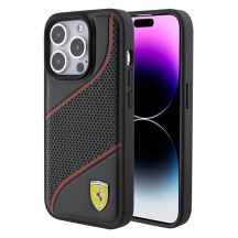 Ferrari Perforated Waves Metal Logo Hülle für iPhone 15 Pro – Schwarz