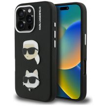 Karl Lagerfeld FW Grained Karl & Choupette Heads Pins Hülle für iPhone 16 Pro Max - Schwarz