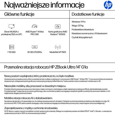 4. HP ZBook Ultra 14 G1a Ryzen AI MAX PRO 390 14,0" WUXGA IPS 400 Nits AG 32 GB LPDDR5x-8533 SSD 1 TB Radeon 8050S IR-Kamera 5 MP 74,5 Wh W11 Pro 3 Jahre Vor-Ort-Service