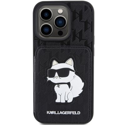 3. Karl Lagerfeld Saffiano Kartenfächer und Ständer Monogram Choupette Hülle für iPhone 15 Pro – Schwarz
