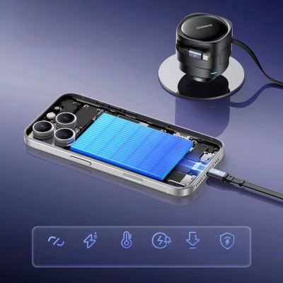10. Baseus Enjoyment Max 60W Autoladegerät mit einziehbaren USB-C- und Lightning Kabeln – Schwarz