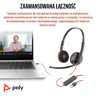 92. Poly Blackwire 3220 Stereo USB-C Headset (schwarz) + USB-C/A Adapter (Großpackung) 8X2J9A6