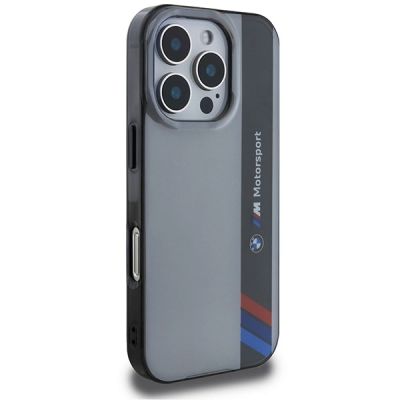4. BMW Motorsport IML Hülle mit vertikalen Streifen für iPhone 16 Pro – Grau