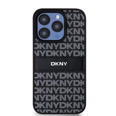 3. DKNY Lederhülle mit Monostreifen und Metalllogo für iPhone 15 Pro – Schwarz