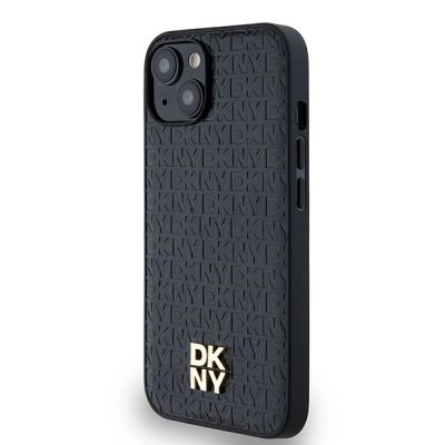 2. DKNY MagSafe-Hülle aus Leder mit Monogrammmuster und Metalllogo für iPhone 15/14/13 – Schwarz