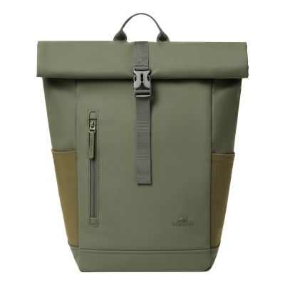 3. Rivacase Eden Rucksack Reiserucksack Olivgrünes gewachstes Leder (Pull-Up), Polyester, recyceltes Polyethylenterephthalat (rPET)