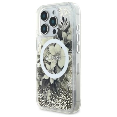 2. Guess Liquid Glitter Flower MagSafe-Hülle für iPhone 16 Pro – Beige