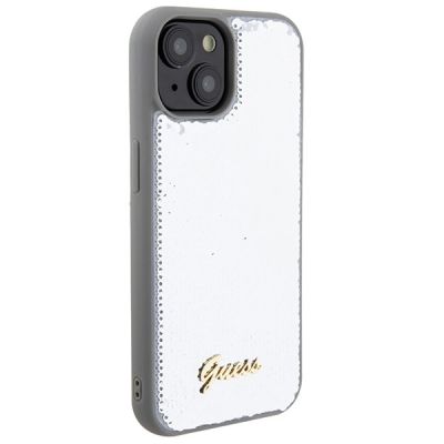 4. Guess Pailletten-Schriftzug-Metallgehäuse für iPhone 15 – Silber