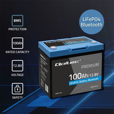 2. Qoltec LiFePO4 53714 Lithium-Eisenphosphat-Akku | 12,8 V | 100 Ah | 1280 Wh | Bluetooth | BMS
