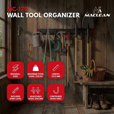 MACLEAN Wandmontierter Werkzeugorganizer aus Stahl, max. Traglast 228 kg, Breite 1222 mm MC-179