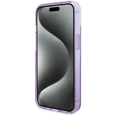 5. Guess Ring Stand Script Glitter MagSafe Hülle für iPhone 15 Plus / 14 Plus – Lila