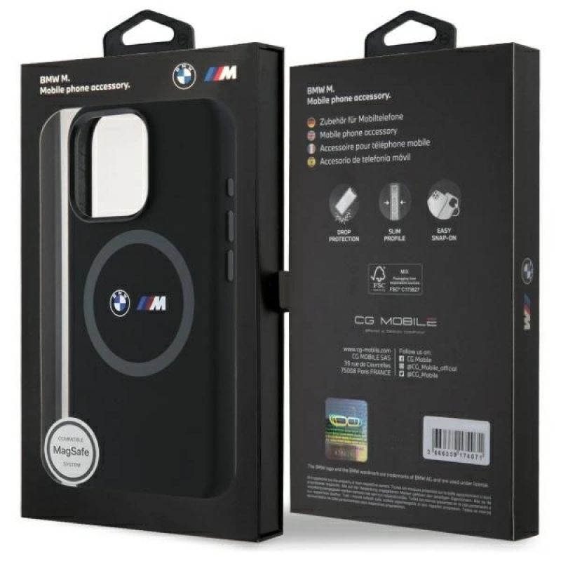 8. BMW M Silikonhülle mit bedrucktem Ring und MagSafe-Funktion für iPhone 16 Pro Max – Schwarz