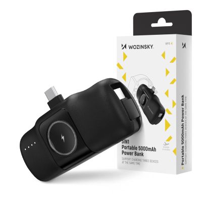 9. Wozinsky WF16-YCS 5000 mAh 15 W USB-C Mini-Powerbank mit integriertem USB-C-Kabel und Apple Watch Ladegerät – Schwarz