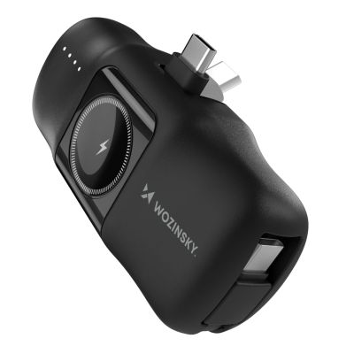 4. Wozinsky WF16-YCS 5000 mAh 15 W USB-C Mini-Powerbank mit integriertem USB-C-Kabel und Apple Watch Ladegerät – Schwarz