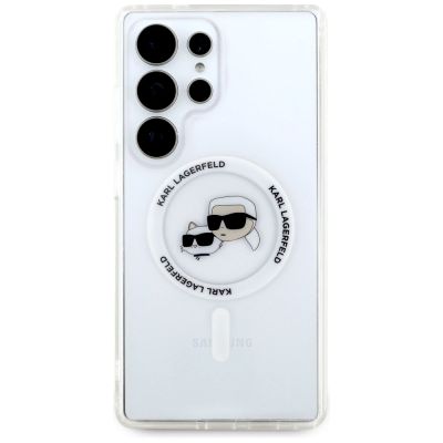 3. Karl Lagerfeld Button Karl & Choupette Heads Gedrucktes Logo MagSafe Samsung Galaxy S25 Ultra Hülle weiß