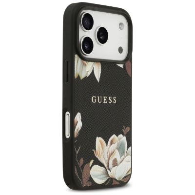 4. Guess Grained Flowers Classic Logo MagSafe Hülle für iPhone 17 Pro - Schwarz