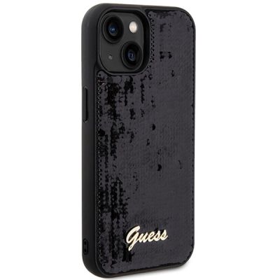 4. Guess Pailletten Script Metallhülle für iPhone 14 / 15 / 13 – Schwarz