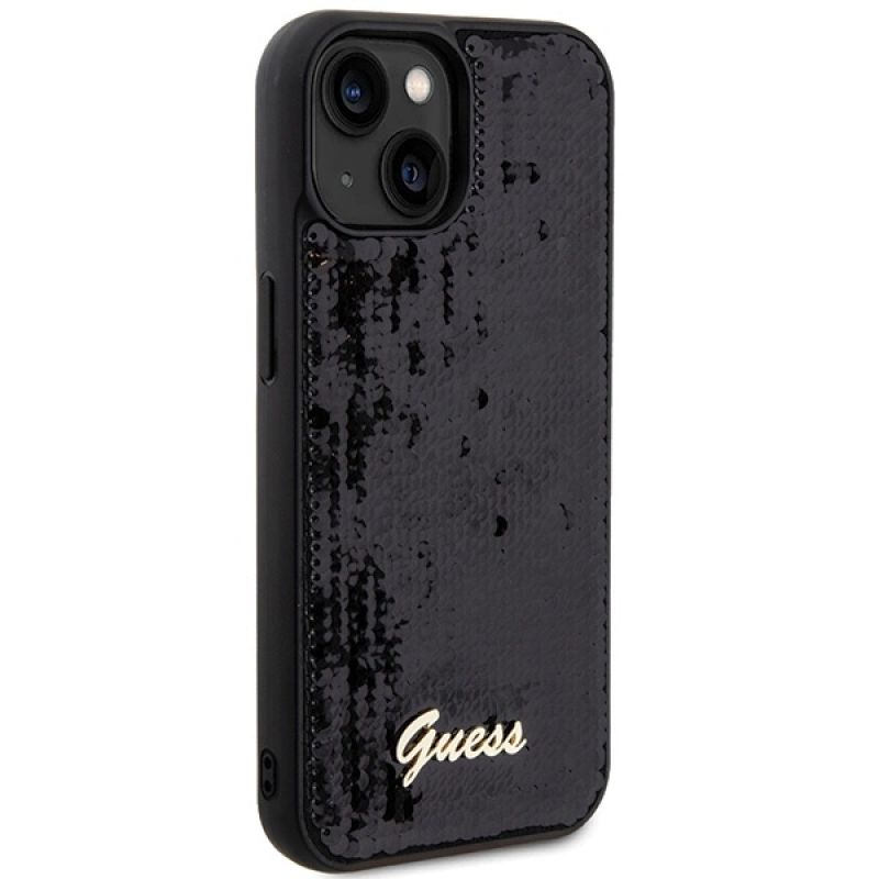 4. Guess Pailletten Script Metallhülle für iPhone 14 / 15 / 13 – Schwarz