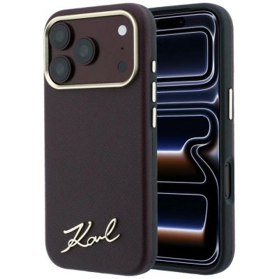Karl Lagerfeld Saffiano MagSafe-Hülle mit kleinem Schriftzug und Metalllogo für iPhone 17 Pro / 18 Pro – bordeauxrot