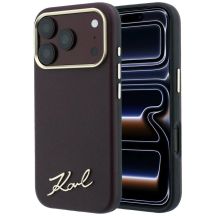 Karl Lagerfeld Saffiano MagSafe-Hülle mit kleinem Schriftzug und Metalllogo für iPhone 17 Pro / 18 Pro – bordeauxrot