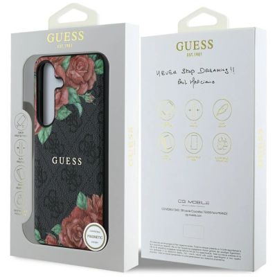 8. Guess Leather 4G Flowers Print Metal Classic Logo MagSafe Hülle für Samsung Galaxy S25 - Schwarz