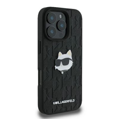 4. Karl Lagerfeld Monogram Choupette Head Pin Hülle für iPhone 16 Pro – Schwarz