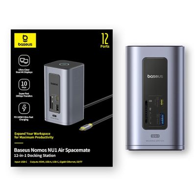 9. Baseus NU1 Air Spacemate Hub 12-in-1 USB-C Dockingstation – 2x HDMI 4K@60Hz, 2x USB-C 10 Gbit/s, 2x USB-A 5 Gbit/s, 2x USB-A (480 Mbit/s), RJ45, SD/microSD 3.0, USB-C (PD) – Grau