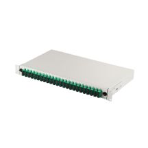 FO-Patchpanel mit Zubehör, 19 Zoll, 1 HE, 24x SC APC dx, OS2, Anschlusskabel, Adapter, Einschübe, grau