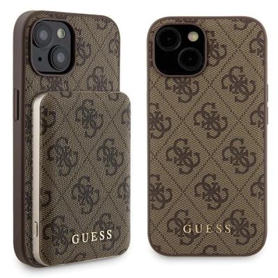 Guess 4G Metal Logo Hüllenset für iPhone 15 + 5000 mAh MagSafe Powerbank – Braun