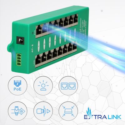 23. Extralink Gigabit PoE Injector 8 Port Active, 8 Gigabit 802.3at/af Ports, Modus A