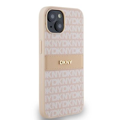 4. DKNY Lederhülle mit Monostreifen und Metalllogo für iPhone 15 / 14 / 13 – Rosa