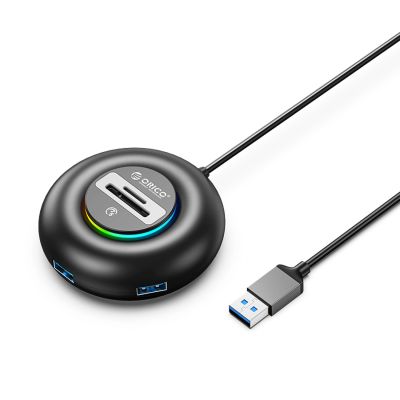 Orico YXR4 RGB USB-Hub mit 4 USB-A 3.0-Anschlüssen, SD- und microSD-Kartenleser, 1,8 m Kabellänge – Schwarz